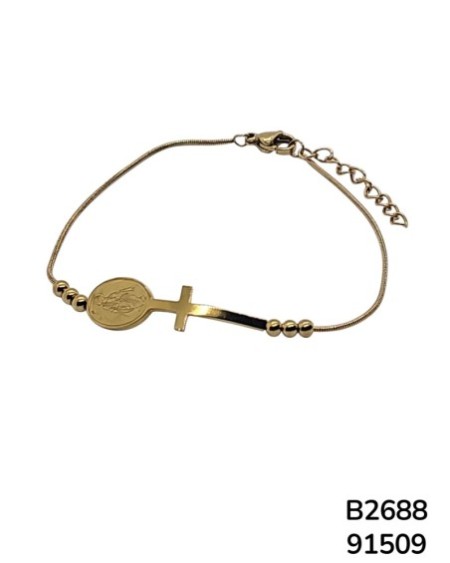 B2688 Brazalete Dorado con Virgen y Cruz
