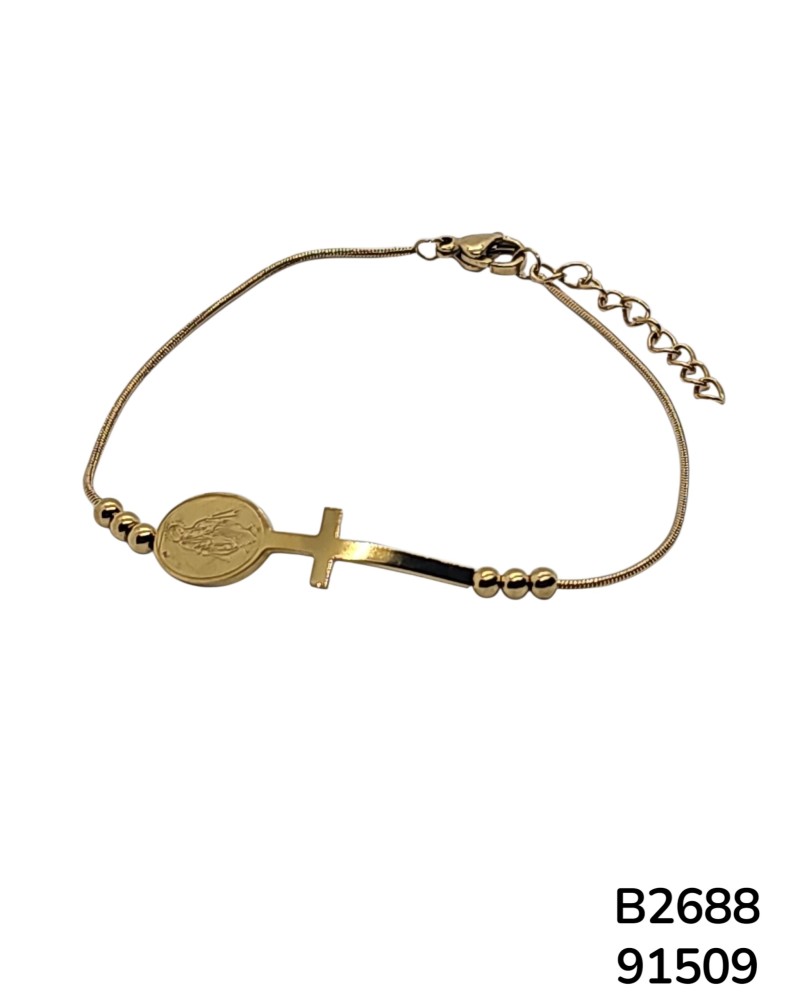 B2688 Brazalete Dorado con Virgen y Cruz