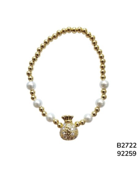 B2722 Brazalete con Cuentas y Dije de Bolsa Dorada