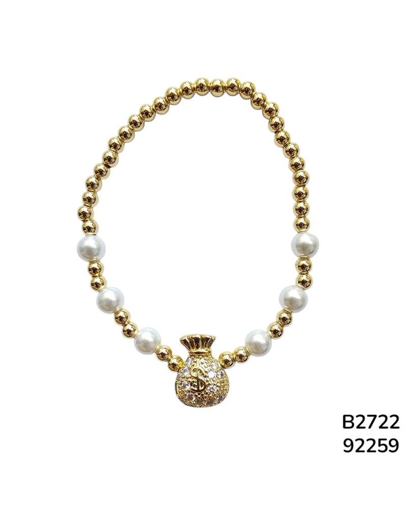 B2722 Brazalete con Cuentas y Dije de Bolsa Dorada