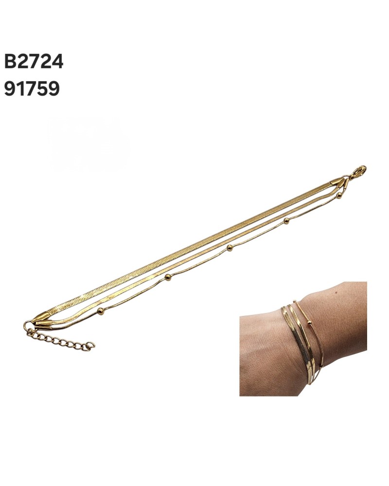 B2724 Brazalete elegante dorado tres cadenas tejidos diferente