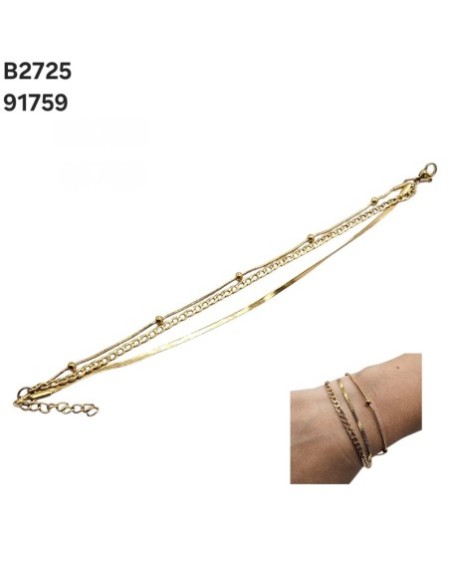B2725 Brazalete Elegante Dorado de Tres Cadenas con Tejidos Diferentes