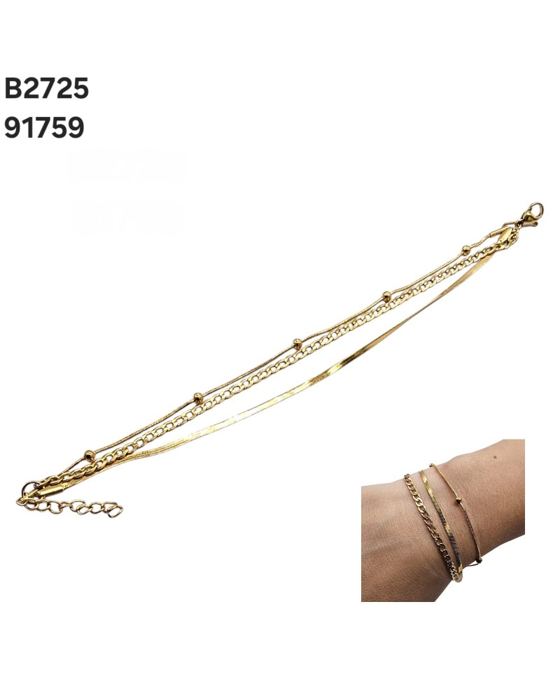 B2725 Brazalete Elegante Dorado de Tres Cadenas con Tejidos Diferentes