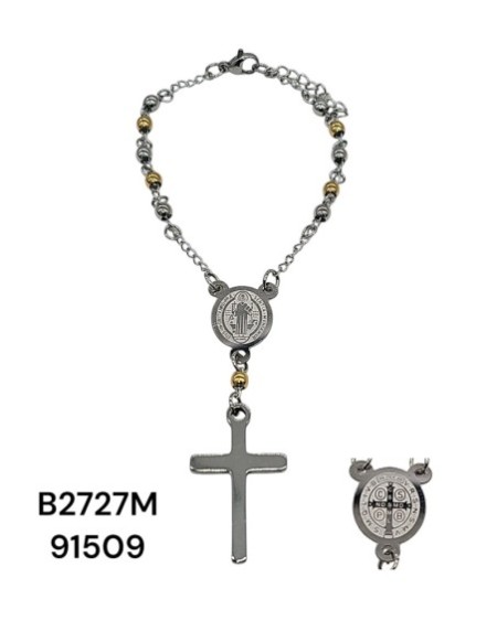 B2727 Brazalete de Perlas y Escapulario con Detalles Religiosos en Dorado o Plateado