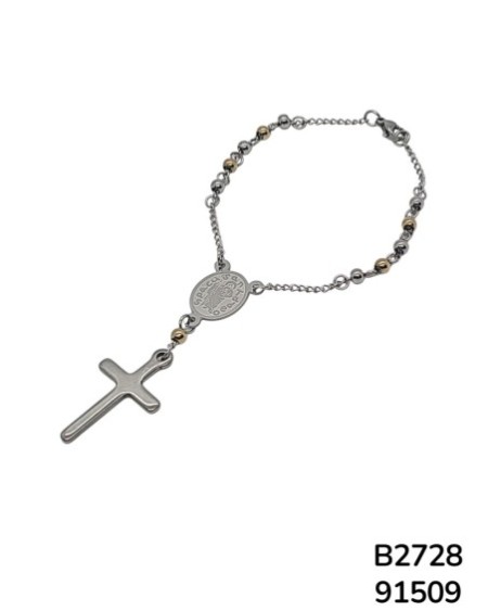 B2728 Brazalete de Perlas y Escapulario con Detalles Religiosos en Plateado y 4 perlitas doradas