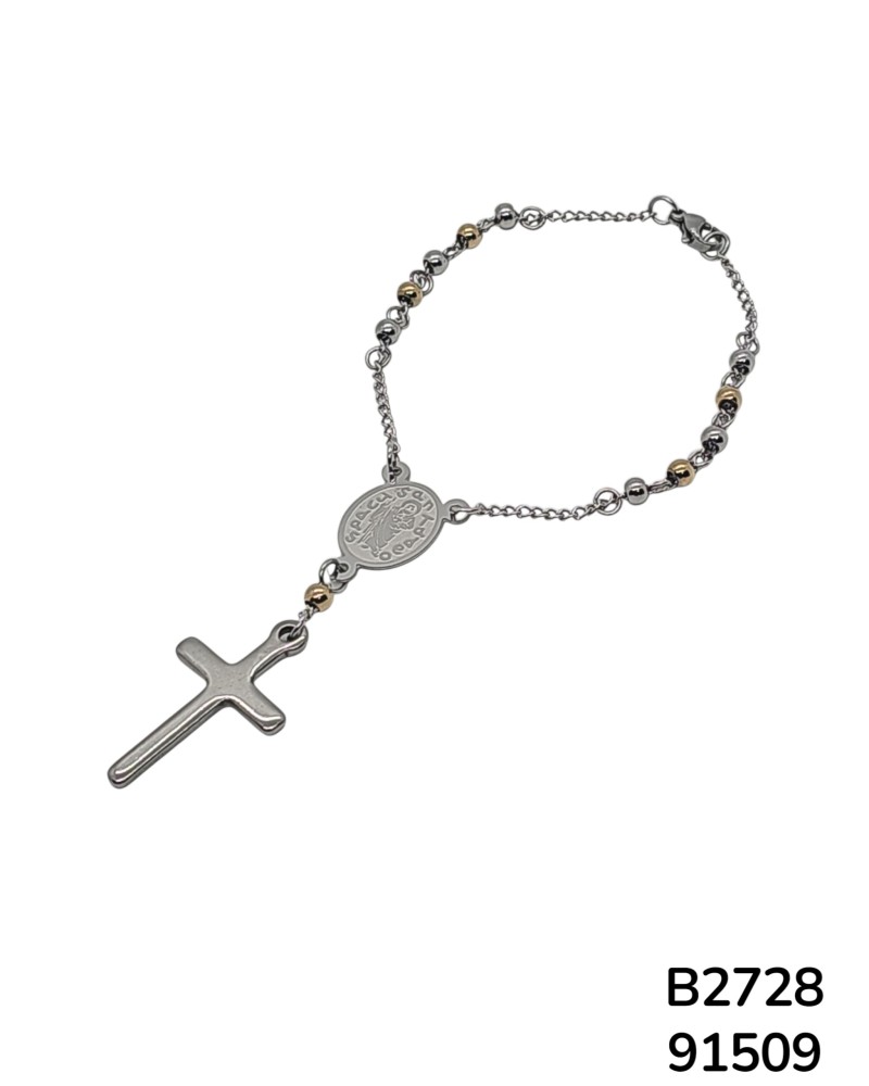 B2728 Brazalete de Perlas y Escapulario con Detalles Religiosos en Plateado y 4 perlitas doradas