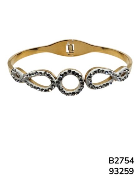 B2754 Brazalete en Acero Inoxidable Dorado con Piedras incrustadas simbolo de infinito y Aro en el medio