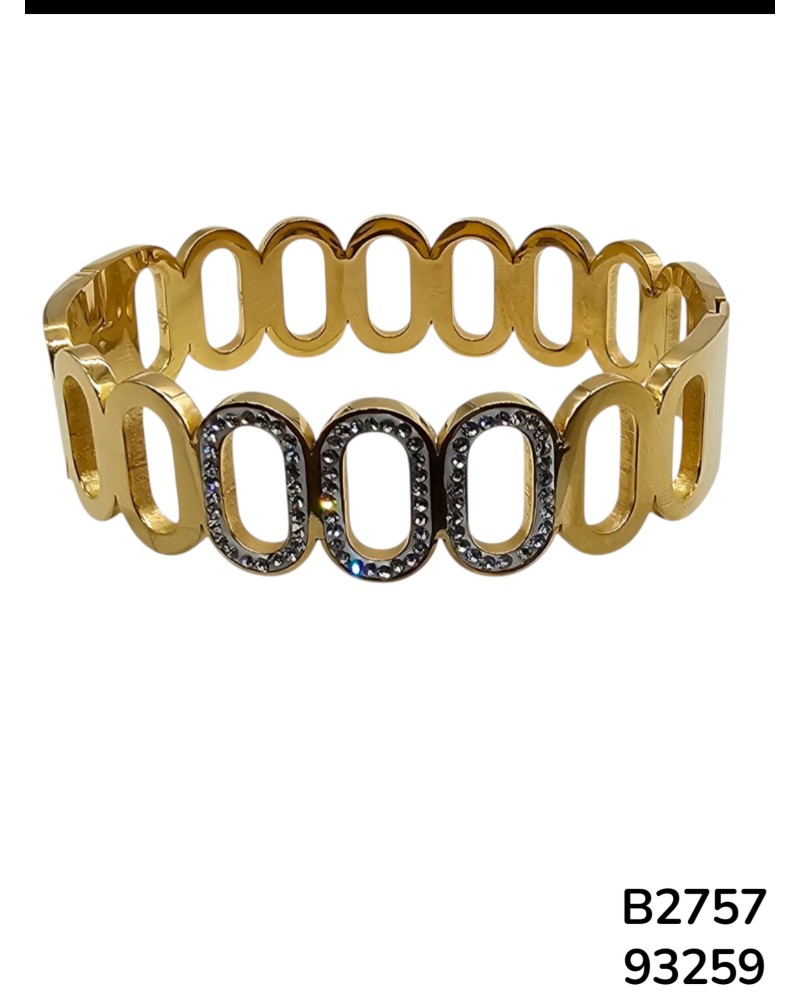 B2757  Brazalete en Acero Inoxidable Dorado en Aros  "decoracion de piedras en tres aros principales