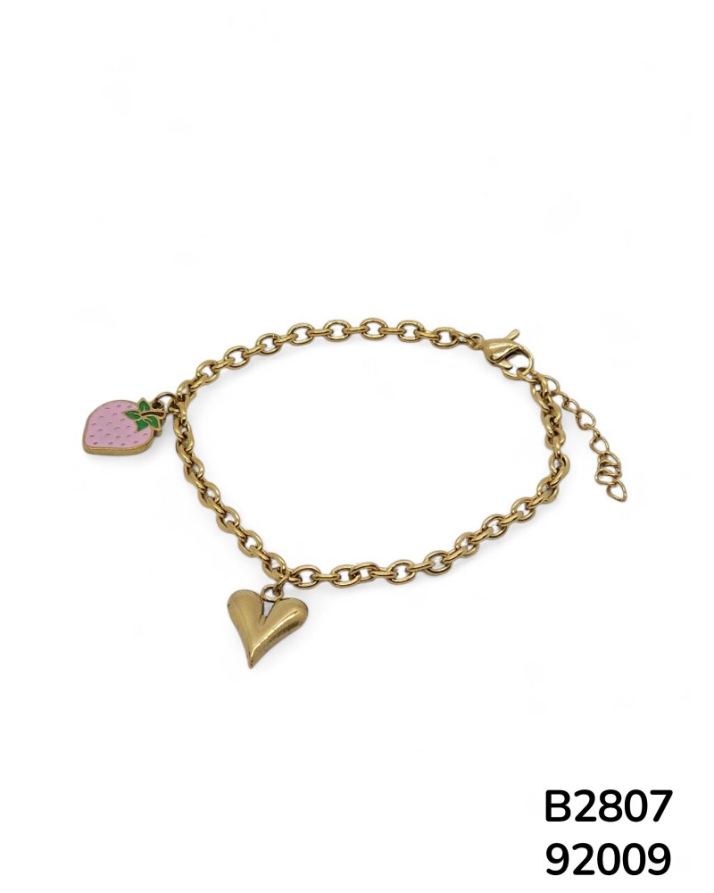 B2807 Brazalete dorado en acero con colgante de corazón y fresa. Moderno