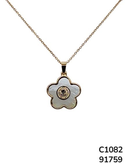 C1082 Cadena con colgante floral de nacar y medalla de San Benito