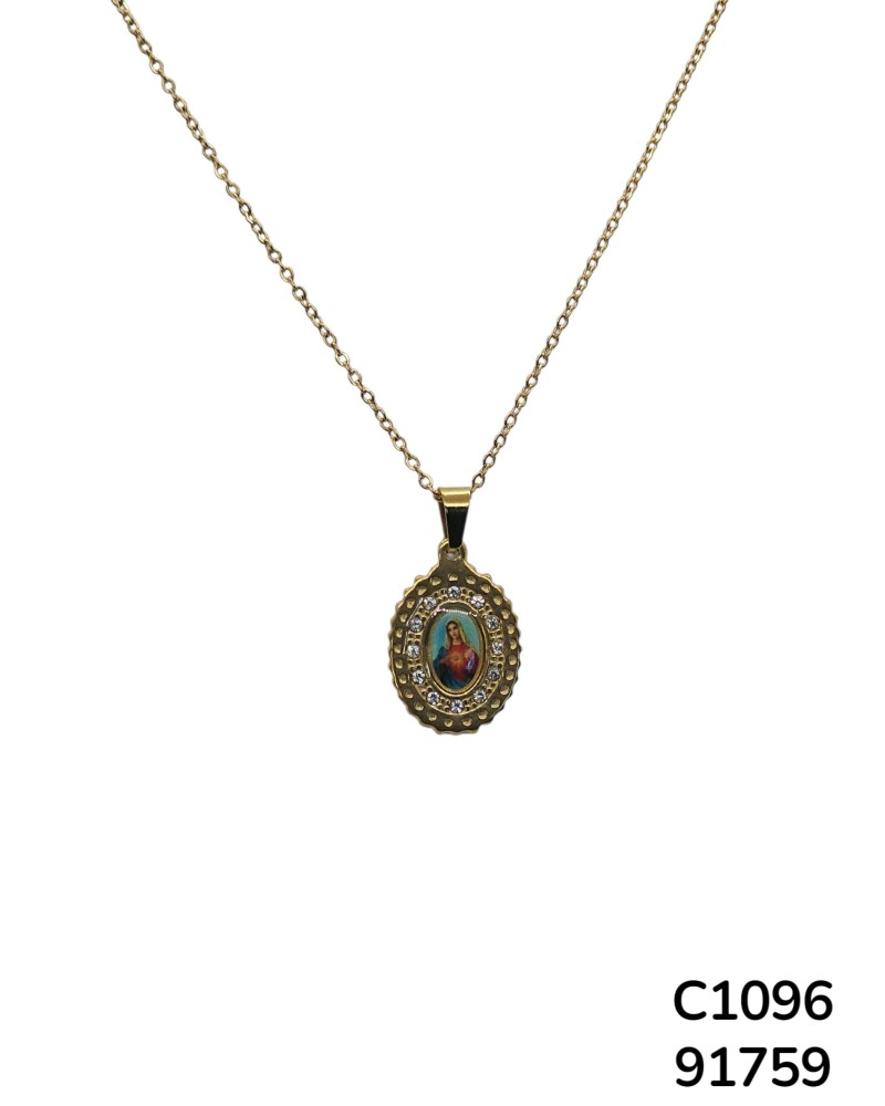 C1096 Cadena con colgante religioso del Sagrado Corazón con detalles de cristal