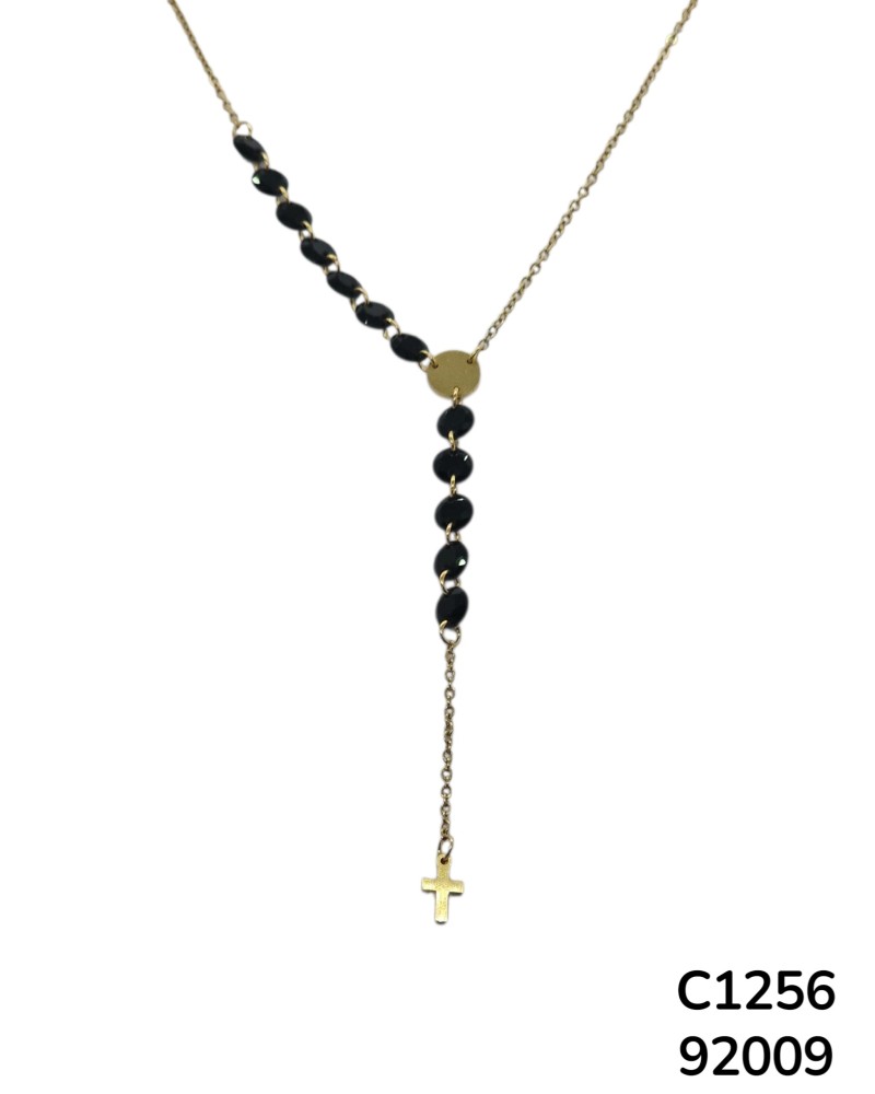 C1256 Cadena de cruz con cuentas negras