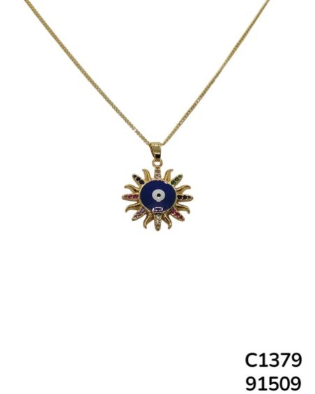 C1379 Cadena con colgante de Ojo Turco en forma de sol con acentos coloridos