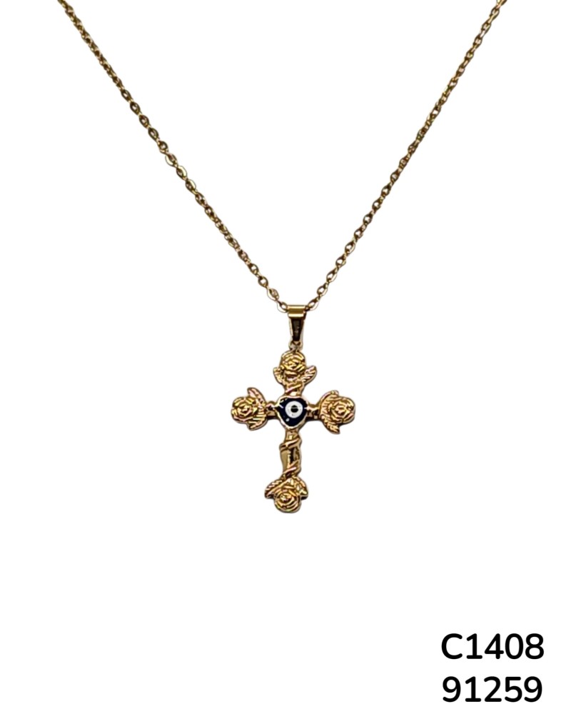 C1408 Cadena con cruz de Ojo Turco y detalles de rosa