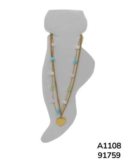 A1108 Tobillera dorada doble con encantos de colores y corazón