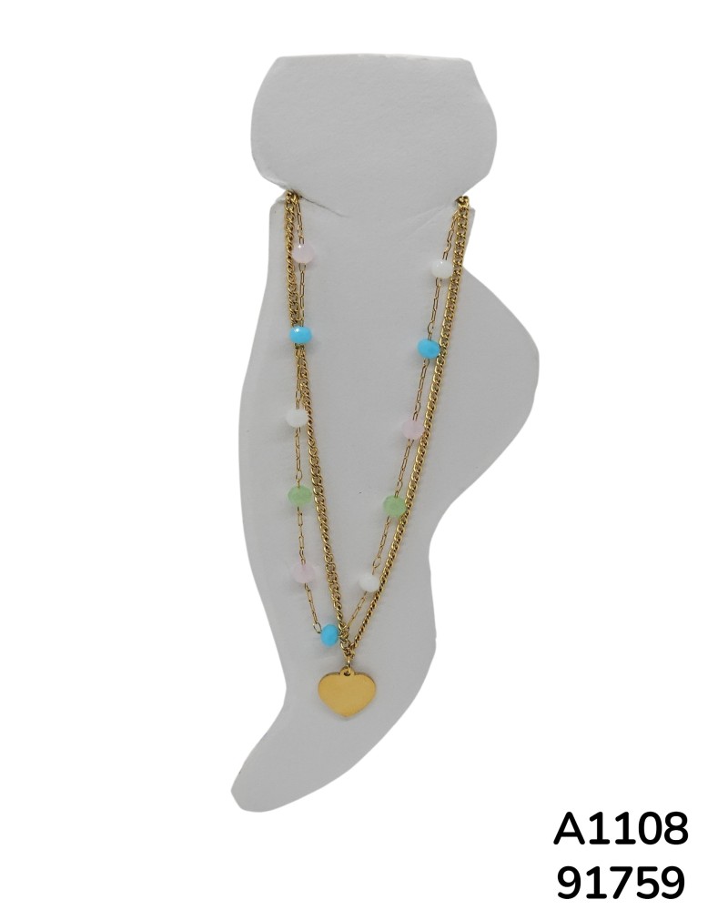 A1108 Tobillera dorada doble con encantos de colores y corazón