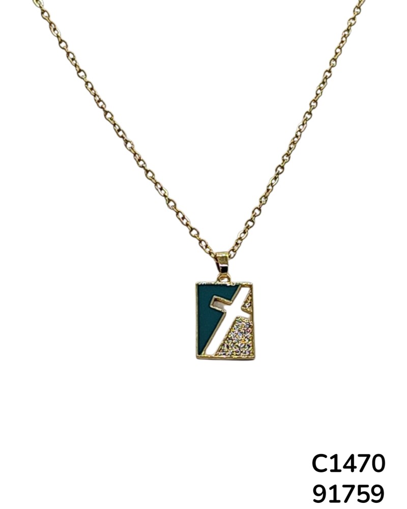 C1470 Cadena con Dije de Cruz Geométrica con Esmalte y Brillantes