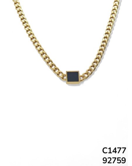 C1477 Cadena con Piedra Negra Cuadrada y Cadena Dorada