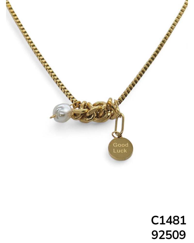 C1481 Cadena de la Suerte con Cadena Dorada y Dije de Perla