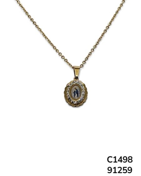 C1498 Virgen de la Medalla Milagrosa rodeada de cristales. Colgante Ovalado. Cadena con Rhinestones