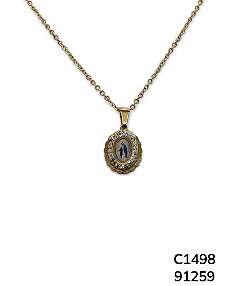 C1498 Virgen de la Medalla Milagrosa rodeada de cristales. Colgante Ovalado. Cadena con Rhinestones