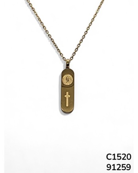 C1520 Cadena con Dije de Cruz Dorada y Detalle de la Virgen de Guadalupe