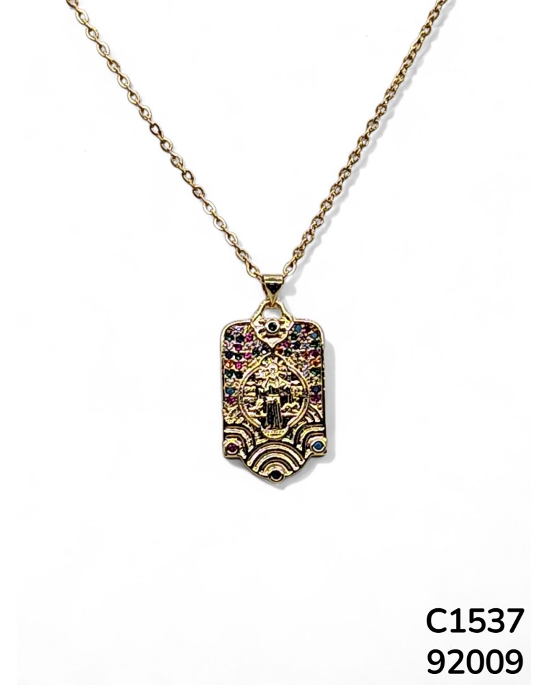 C1537 Cadena de Medallón de San Benito dorado con Piedras Preciosas de Colores