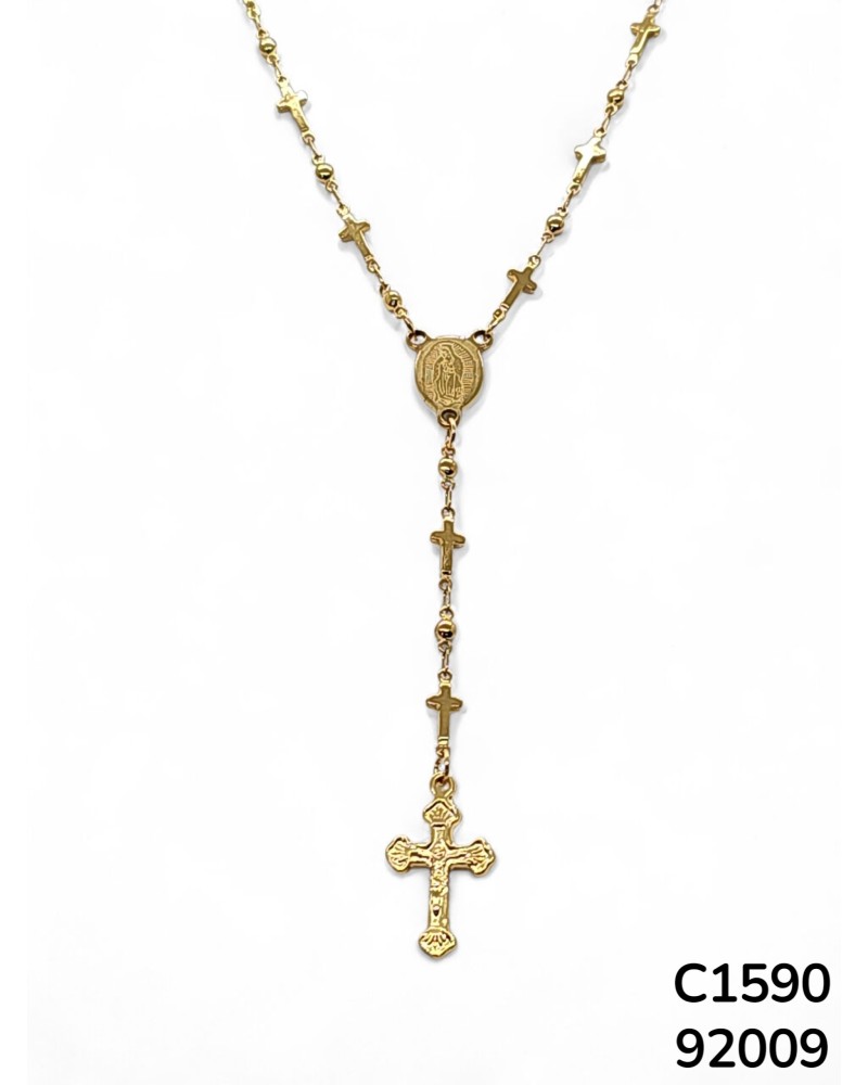 C1590 Rosario Dorado con Detalles de Cruces con la imagen de la Virgen de Guadalupe