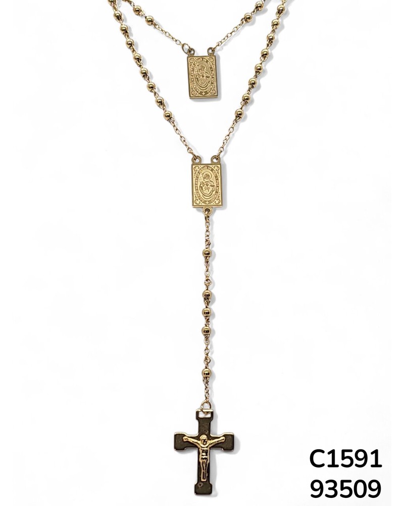 C1591 Rosario Dorado Elegante con Cruz y medalla del Sagrado Corazon de Jesus