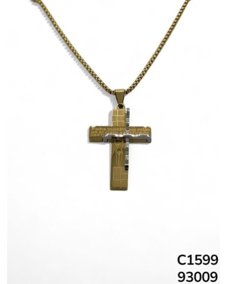C1599 Cadena con Dije de Cruz Chapado en Oro con Grabado de Oración