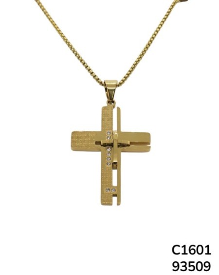 C1601 Cadena con Dije de Cruz Chapado en Oro con Diseño Geométrico y Cristales