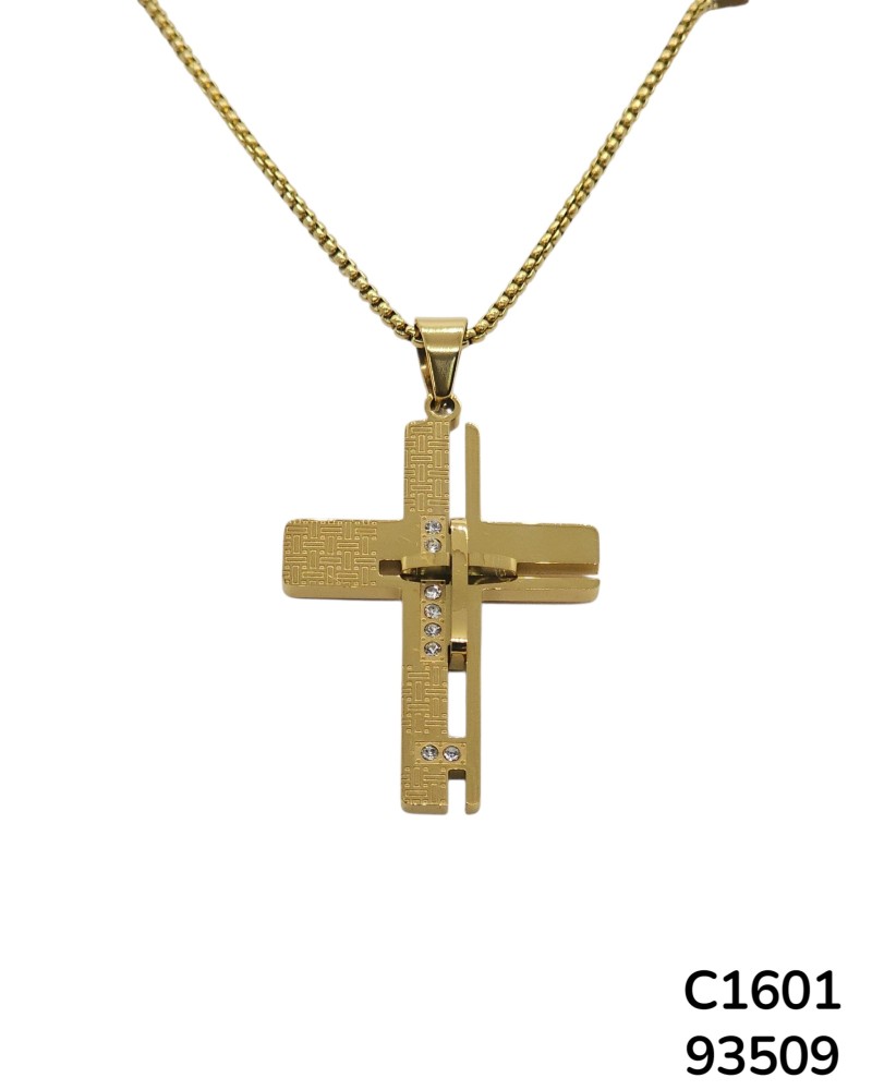 C1601 Cadena con Dije de Cruz Chapado en Oro con Diseño Geométrico y Cristales