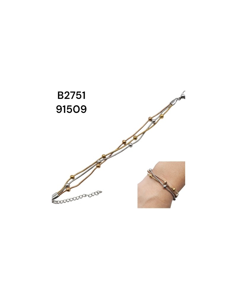 B2751 Brazalete Dorado y plateado de tres lindas cadenas decoradas de Esferas en acero B2751 Brazalete Dorado y plateado de tres lindas cadenas decoradas de Esferas en acero