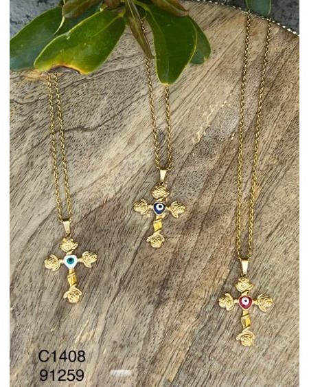 Collar de Cruz con Ojo Turco y Rosa – Joyería Espiritual con Toque Ele