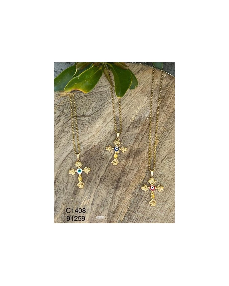 Collar de Cruz con Ojo Turco y Rosa – Joyería Espiritual con Toque Ele