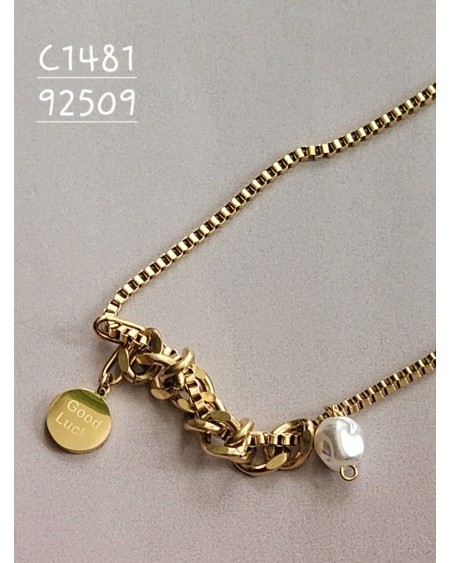 Collar con Dije "Good Luck" y Perla | Mensaje Positivo en Joyería