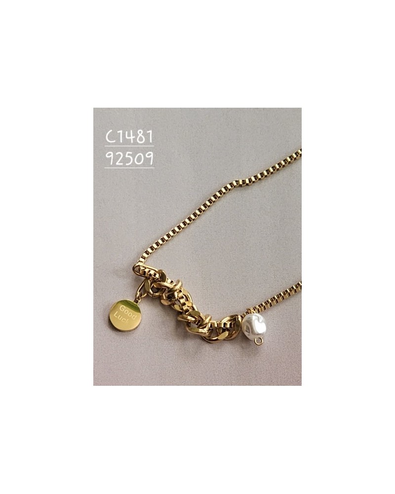 Collar con Dije "Good Luck" y Perla | Mensaje Positivo en Joyería