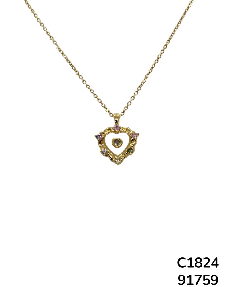C1824 Cadena con Dije de Corazón Dorado y Gemas