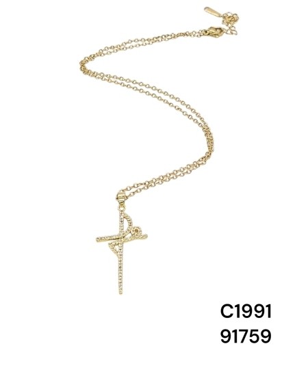 Collar de doble cadena dorada con dije de cruz y cristales | Joyería e