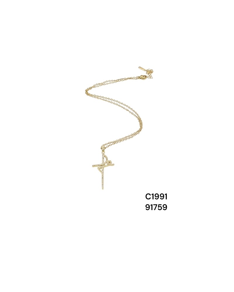 Collar de doble cadena dorada con dije de cruz y cristales | Joyería e