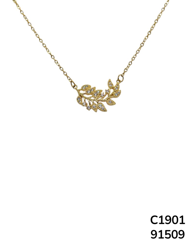 C1901 Cadena con colgante de rama de hojas dorada