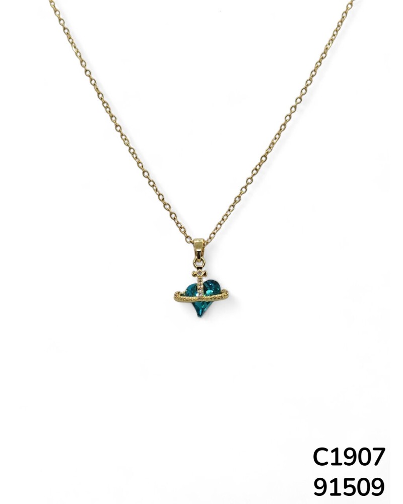 C1907 Cadena con colgante de planeta de corazón con cristales