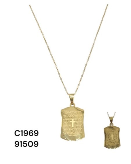 C1969 Cadena en Acero Inoxidable Dorado Dije Medalla con la oración del Padre Nuestro grabada