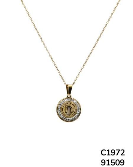 C1972 Cadena en Acero Inoxidable Dije de San Benito grabado Dorado