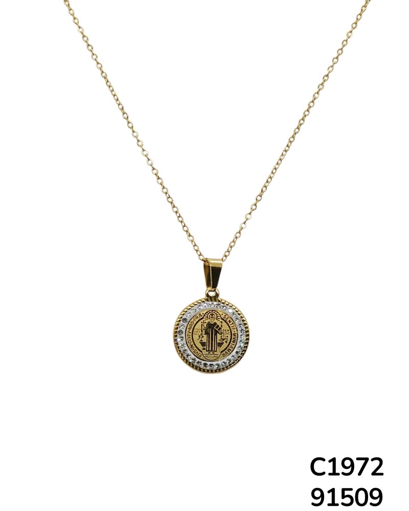 C1972 Cadena en Acero Inoxidable Dije de San Benito grabado Dorado
