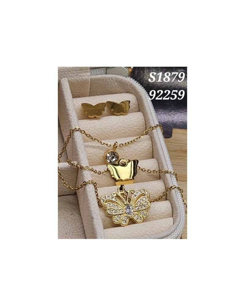 S1879: 🦋 Collar con Mariposa Brillante y Aretes | Diseño Delicado