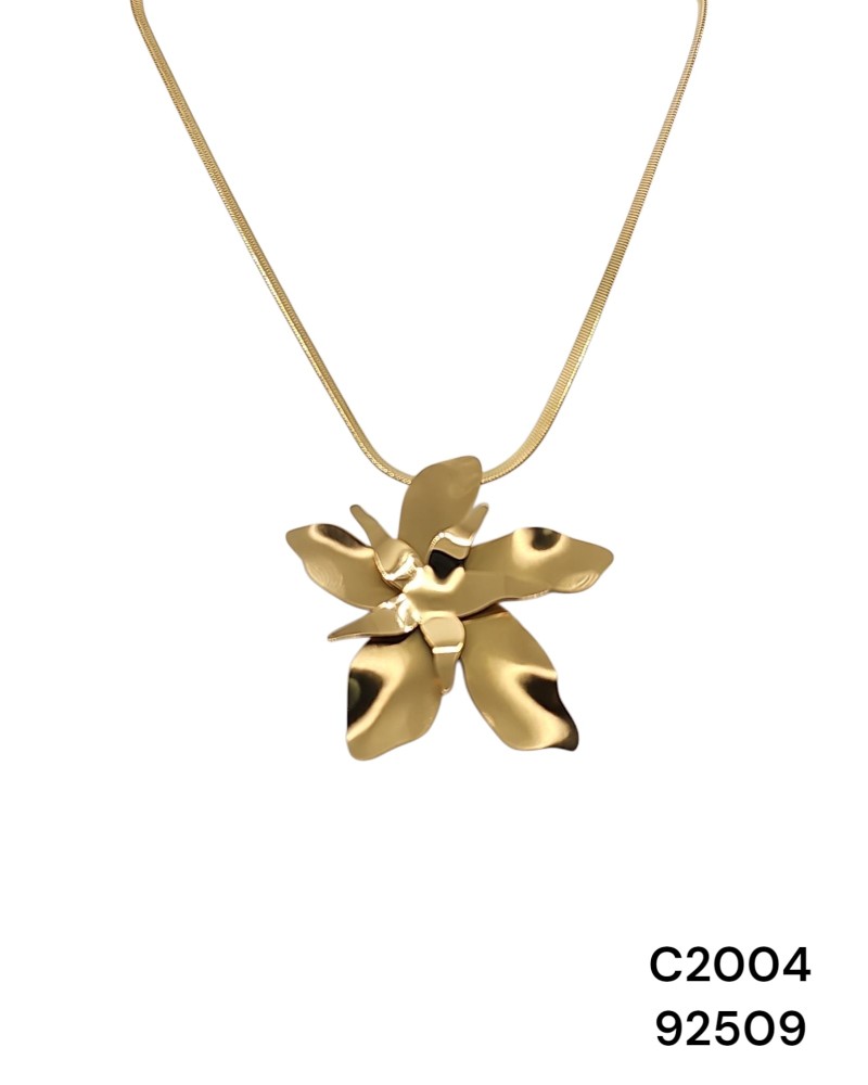 C2004 Cadena de Tejido Dorado y Dije de flor exótica