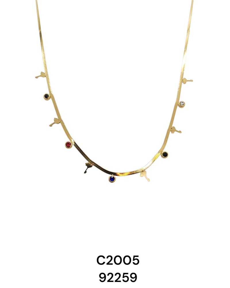 C2005 Cadena de Tejido Dorado y Dije de piedras de colores y llaves