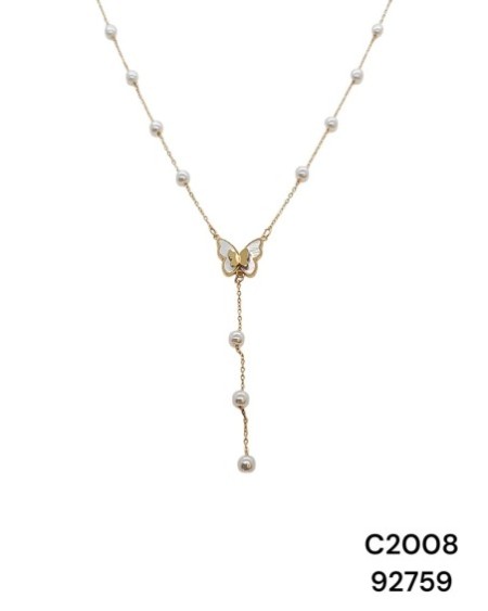 C2008 Cadena de acero inoxidable y perlas con un dije de mariposa con concha nacar.