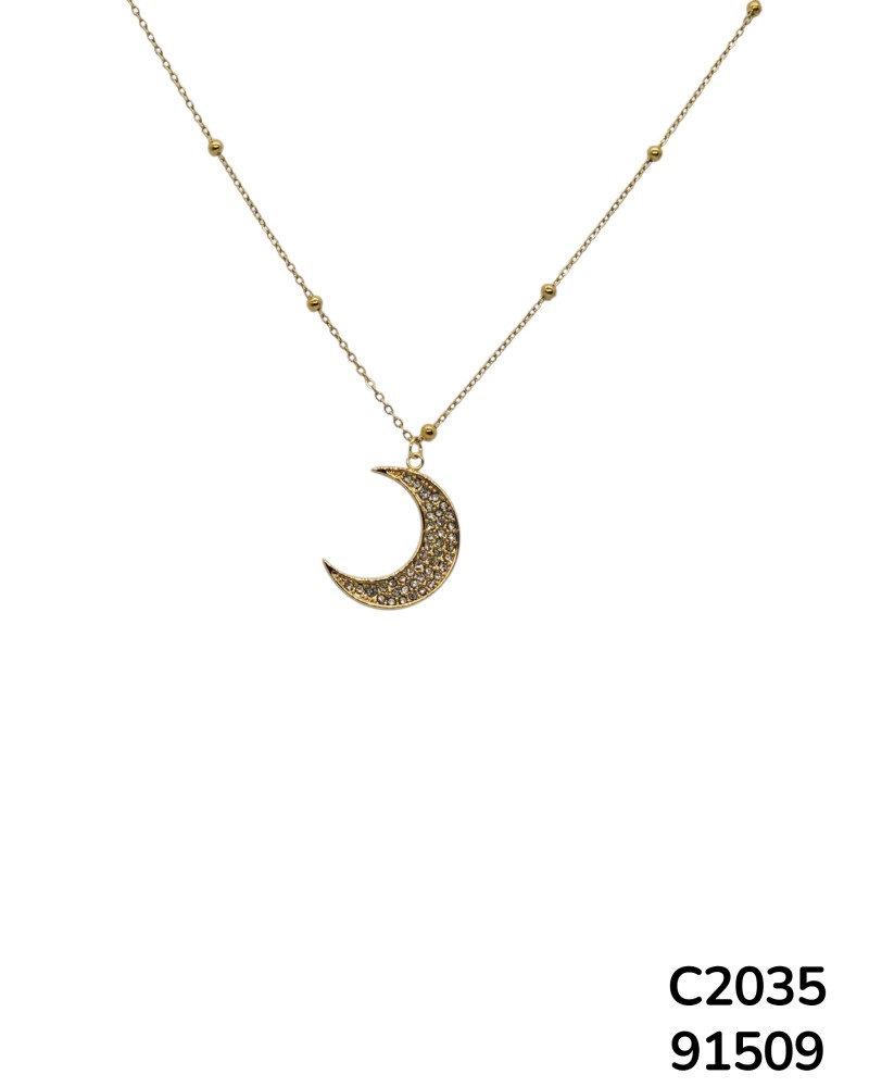C2035 Cadena dorada con dije de luna y bolitas que decoran la cadena